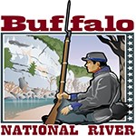 color drawing with civil war soldier resting against tree with rifle upright and looking at gray bluff across blue river, the words Buffalo National River frames picture top and bottom