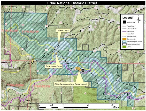 Topographic map showing the historic area of Erbie shaded in blue from upper left diagonally to lower right. Caver's Camp, Erbie Horse Camp, and Erbie Campground and Canoe Launch are marked.