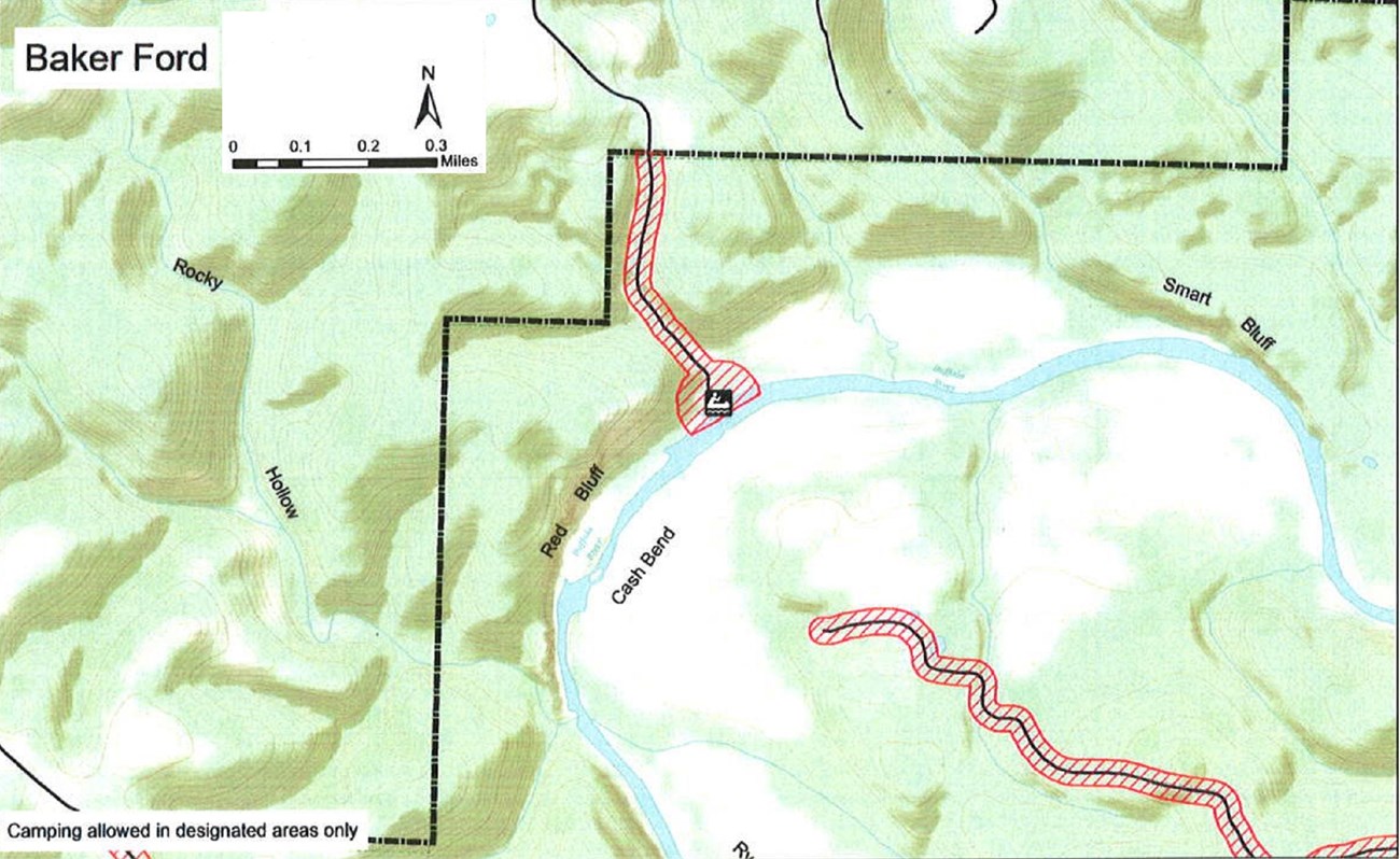 Buffalo River forms an upside down "U" shape through the southeast part of the map, surrounded by hills. North is up. Areas mentioned in the caption are closed, as well as a road south of a boundary line that runs through the northwest part of the map.