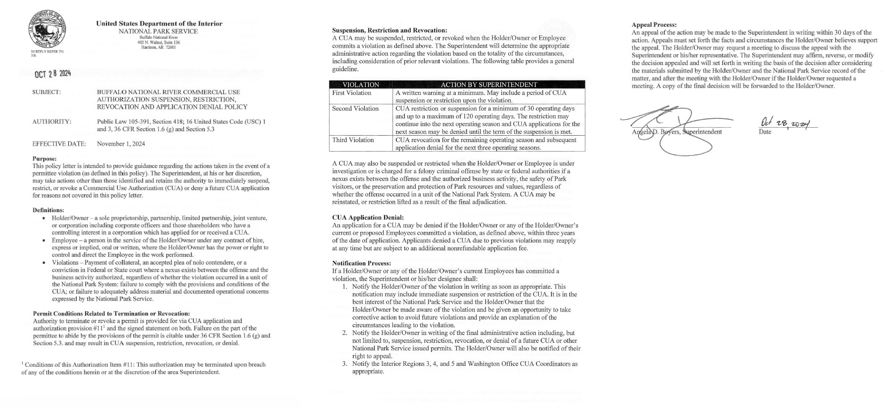 Buffalo National River's Commercial Use Authorization (CUA) Revocation and Application Denial policy listed lists the protocol that will be taken by the park in the event of a CUA suspension, revocation and application denial.