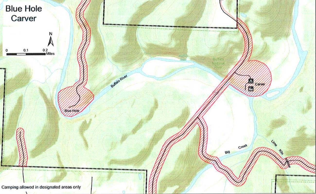 Buffalo River forms a U shape through the center of the map, surrounded by hills. North is up. Areas mentioned in the caption are closed. Trails and roads that are south of a northern boundary marker and north of a southwest boundary marker are closed.