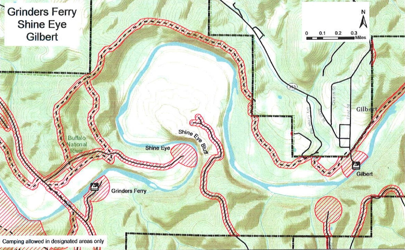 Buffalo River zigzags east-west through the center of the map, surrounded by hills. North is up. Areas mentioned in the caption are closed, as well as most trails and roads.