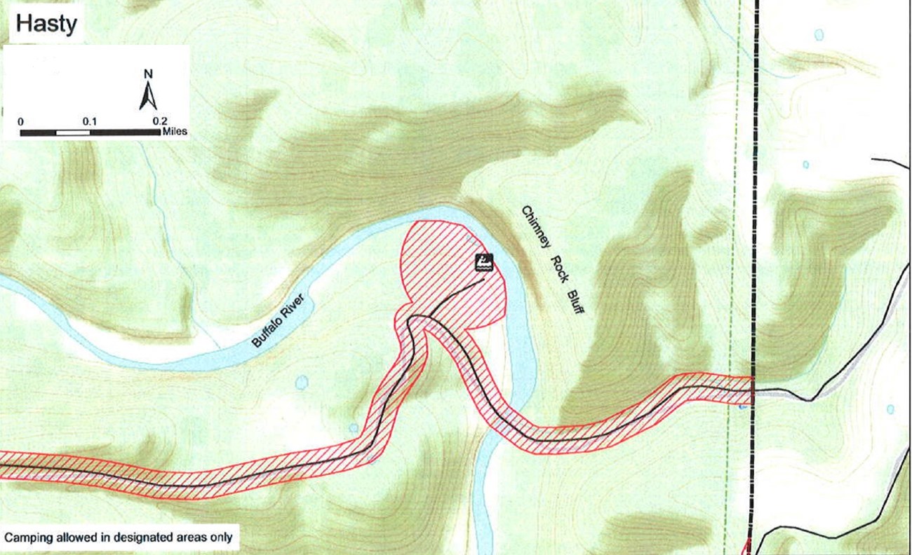 Buffalo River runs east-west toward the center of the map before turning south. North is up. Areas mentioned in the caption are closed, as well as trails and roads that are west of a boundary line in the east part of the map.