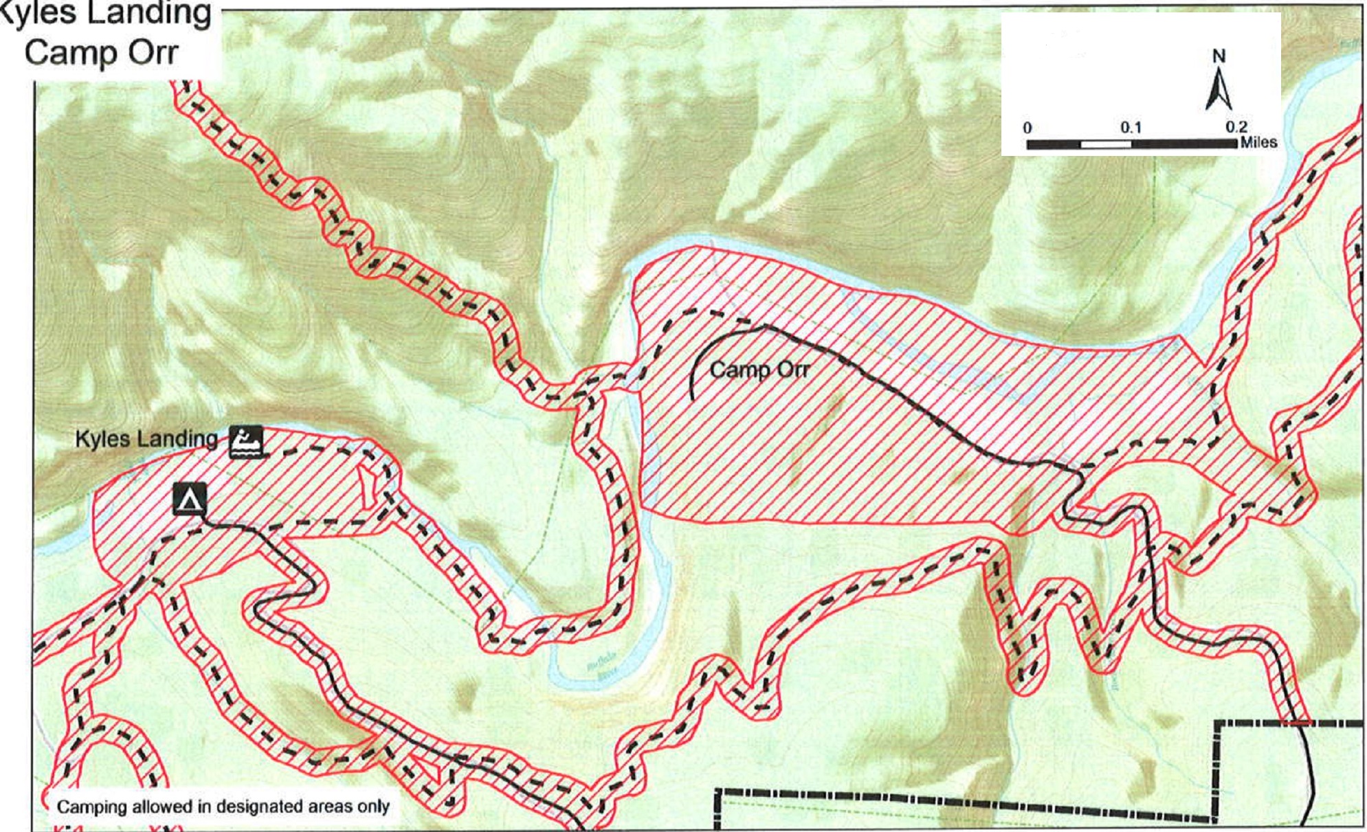 Buffalo River zigzags through the center of the map. North is up. Areas mentioned in the caption are closed, as well as trails and roads that are north of a boundary line in the southeast corner of the map.