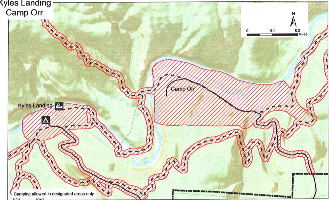 Buffalo River zigzags through the center of the map. North is up. Areas mentioned in the caption are closed, as well as trails and roads that are north of a boundary line in the southeast corner of the map.