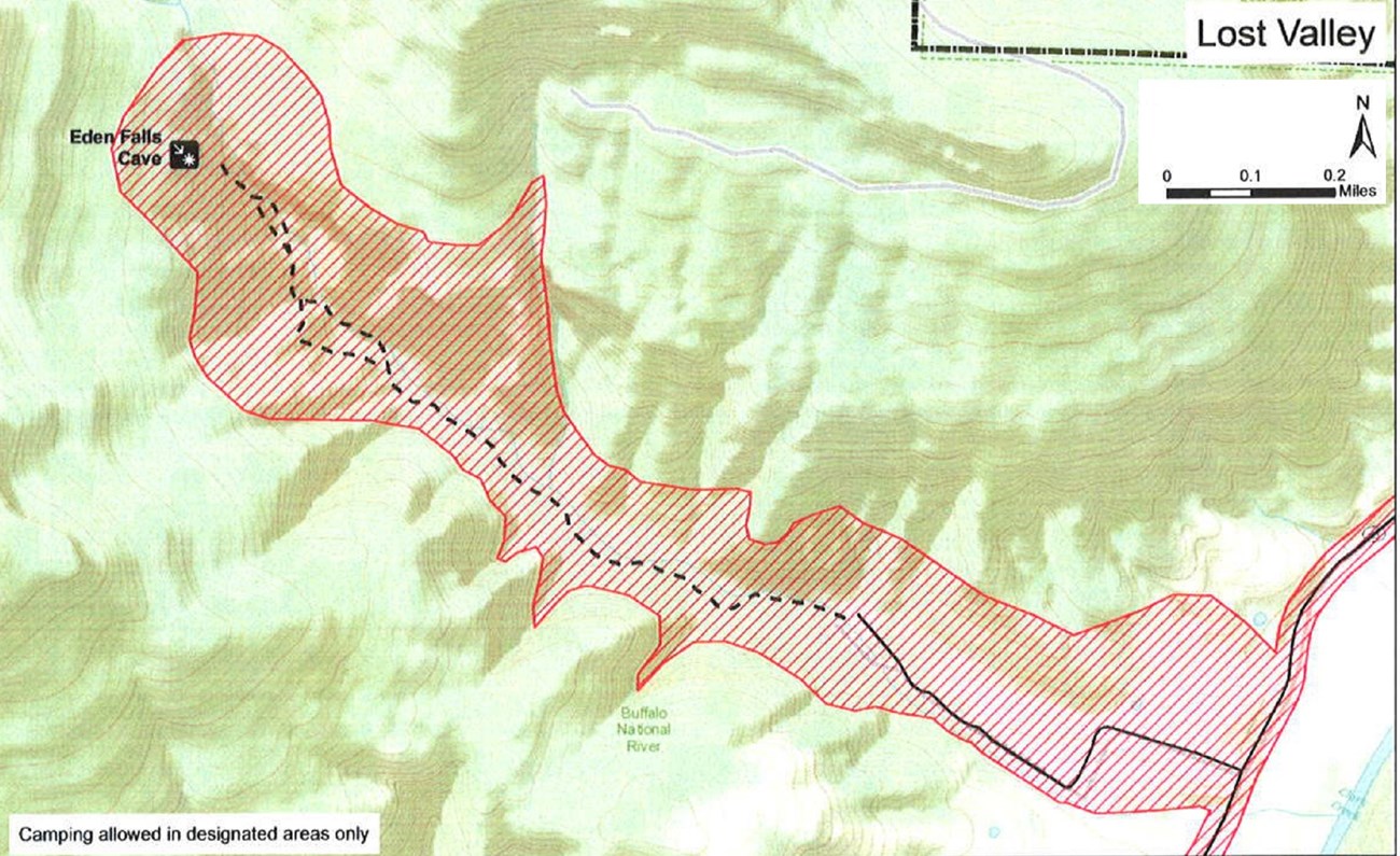 Lost Valley Canyon runs diagonally through the map. North is up. The road and trail leading up Lost Valley to Eden Falls Cave are closed.