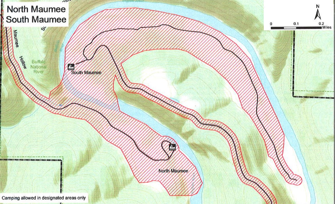 Buffalo River forms a distorted upside down "U" shape through the center of the map, surrounded by hills. North is up. Areas mentioned in the caption are closed, as well as trails and roads.