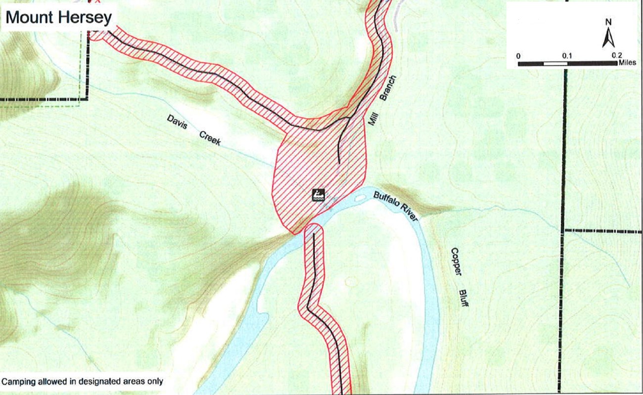 Buffalo River forms an upside down "U" shape through the center of the map, surrounded by hills. North is up. Areas mentioned in the caption are closed, as well as trails and roads that are south of a boundary line in the northwest corner of the map.