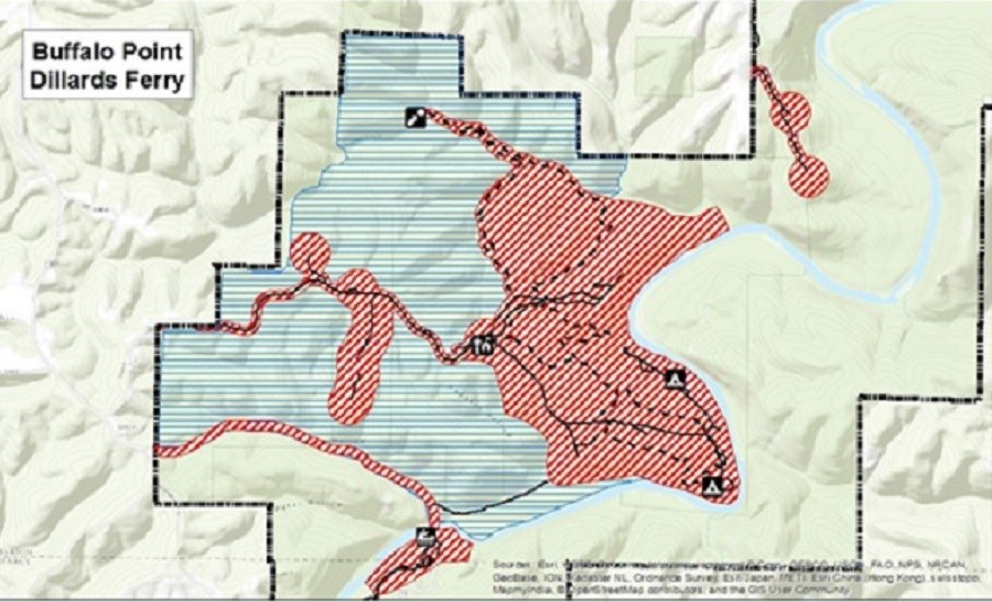 Buffalo River zigzags diagonally through the east part of the map, surrounded by hills. North is up. Areas mentioned in the caption are closed, as well as trails and roads that are within the boundary line.