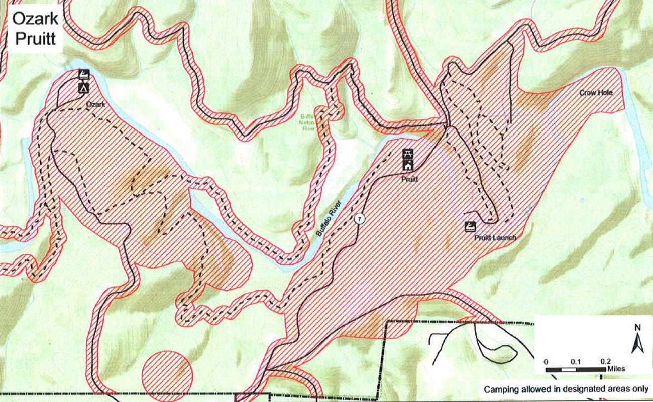 Buffalo River zigzags east-west through the center of the map, surrounded by hills. North is up. Areas mentioned in the caption are closed, as well as trails and roads.