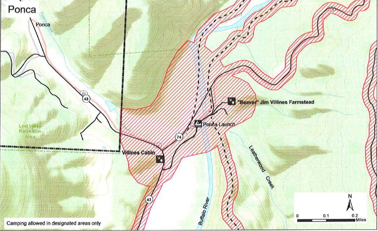 Buffalo River runs north-south through the center, surrounded by hills. North is up. Areas mentioned in the caption are closed, as well as trails and roads to the east and south of a boundary line in the northwest corner of the map.