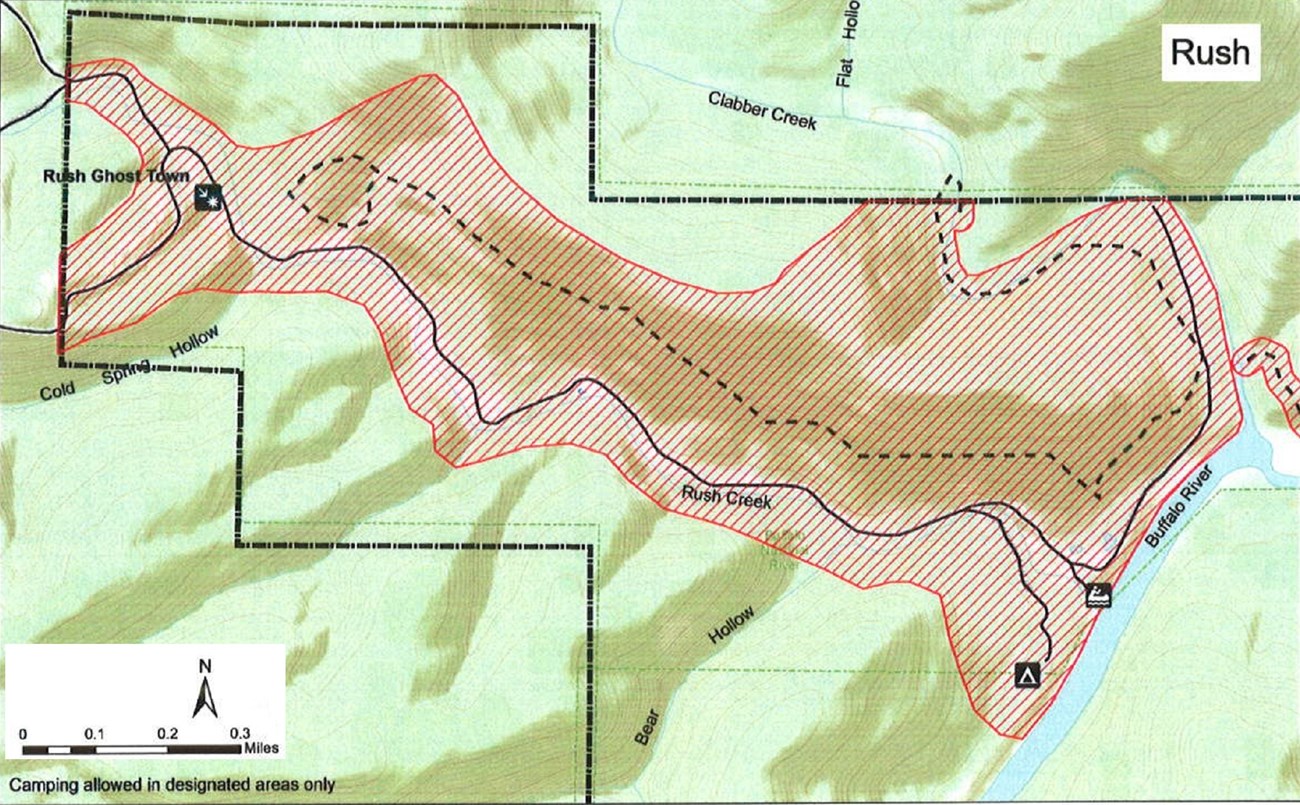 Buffalo River passes through the east part of the map. North is up. Areas mentioned in the caption are closed, as well as trails and roads that are within the boundary (mostly contained in the Rush Creek drainage, which runs northwest from the River)