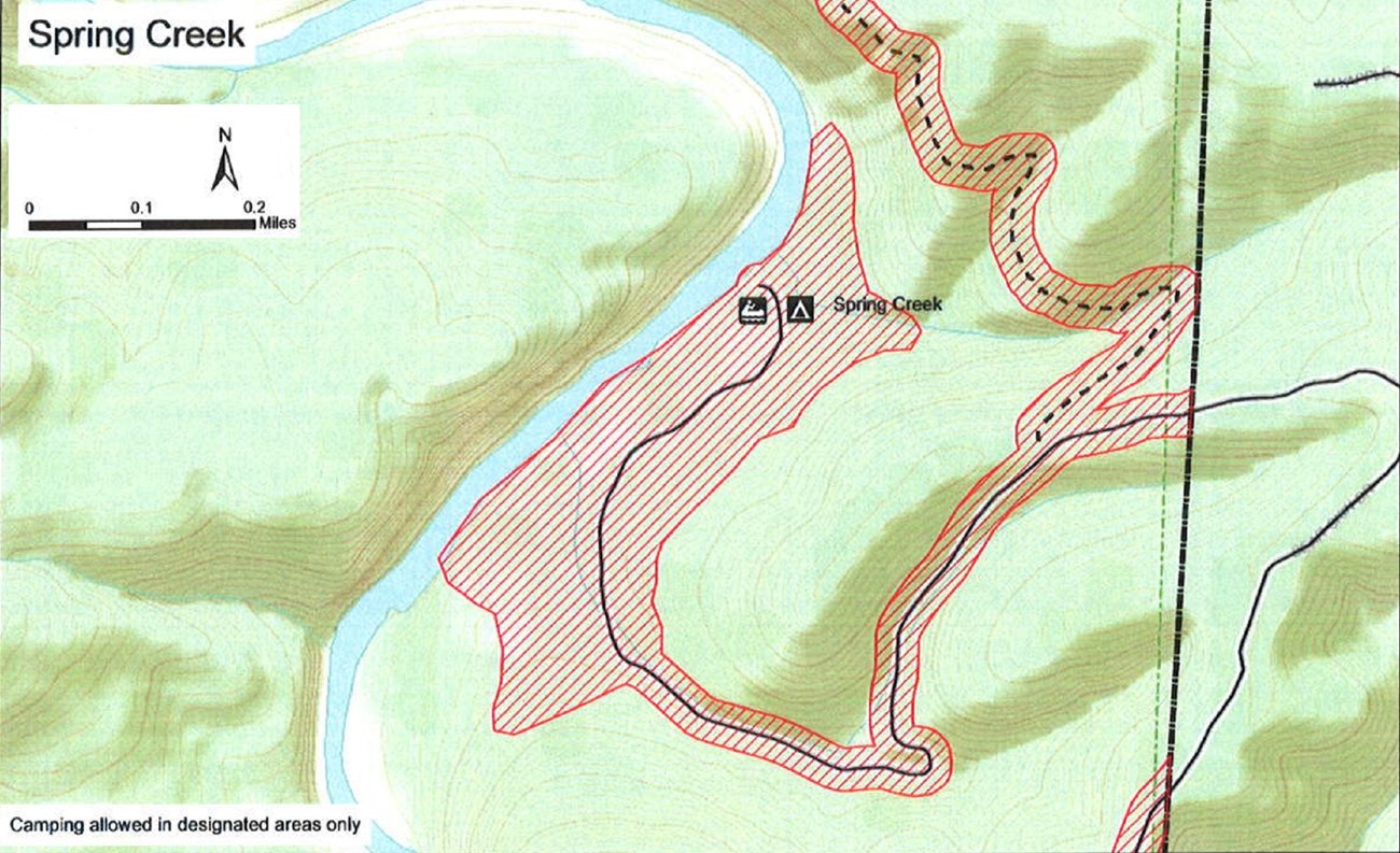 Buffalo River zigzags north south through the western part of the map, surrounded by hills. North is up. Areas mentioned in the caption are closed, as well as trails and roads that are west of a boundary line in the east part of the map.