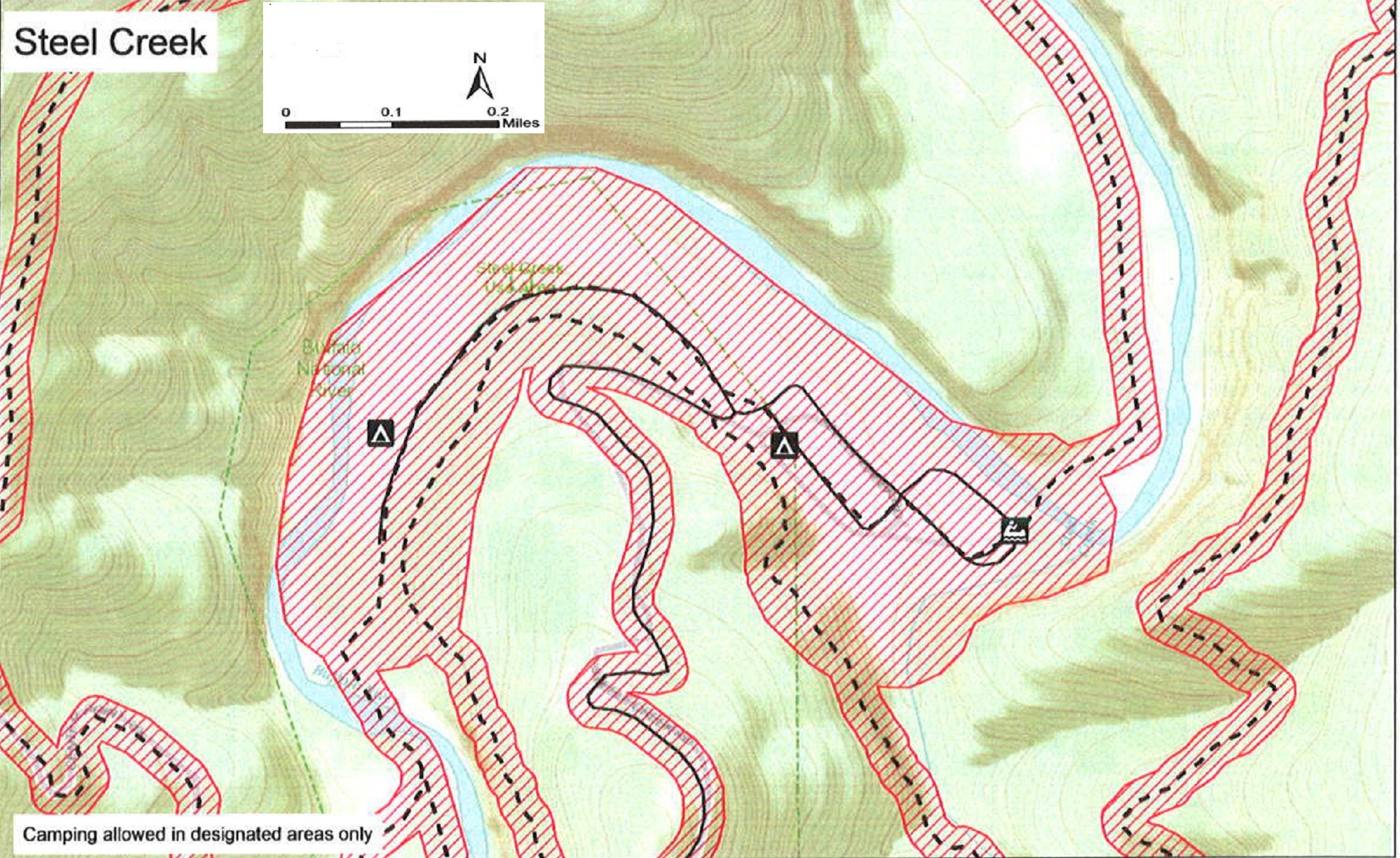 Buffalo River forms a backward "S" shape through the center of the map. North is up. Areas mentioned in the caption are closed, as well as trails and roads.