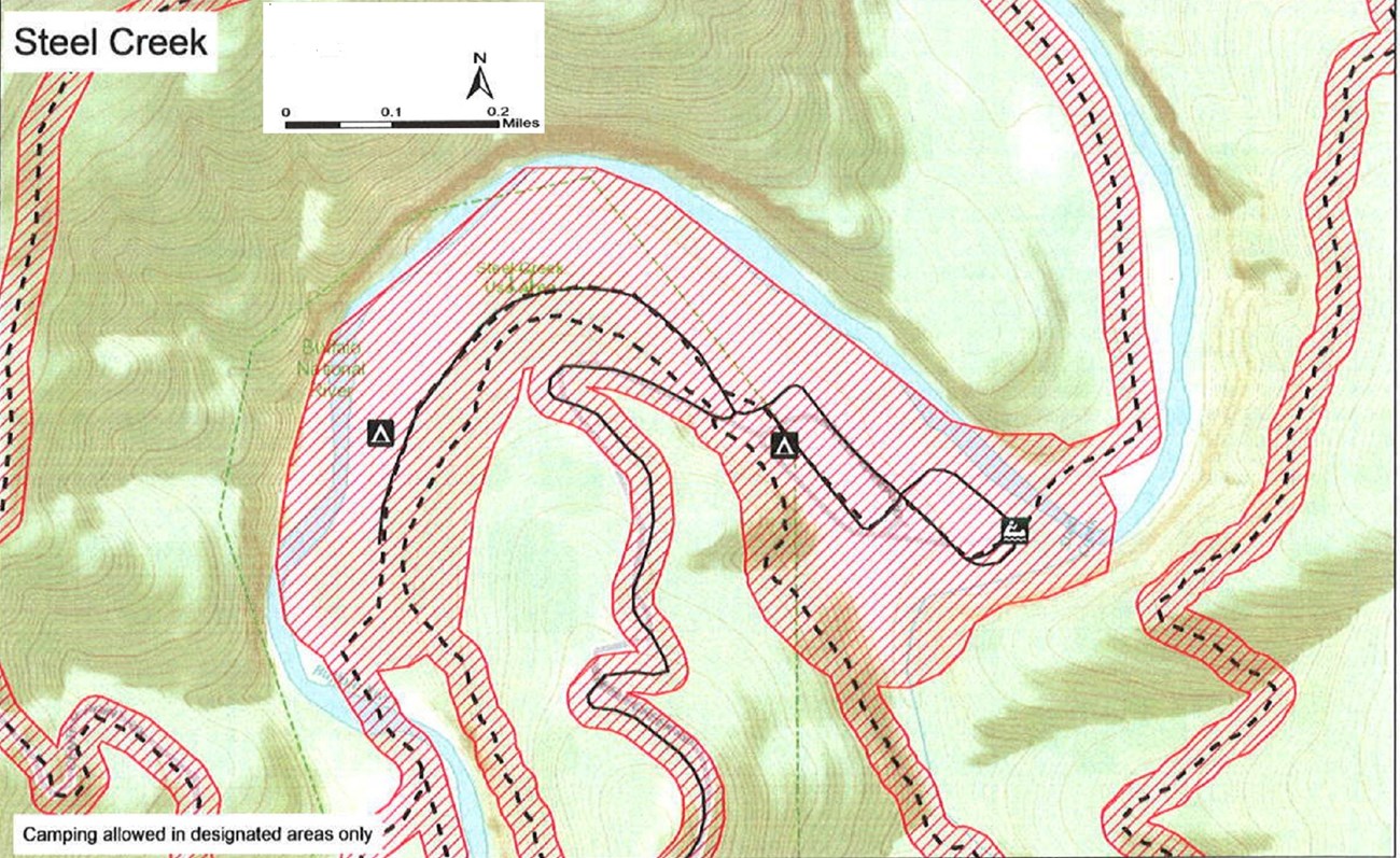 Buffalo River forms a backward "S" shape through the center of the map. North is up. Areas mentioned in the caption are closed, as well as trails and roads.