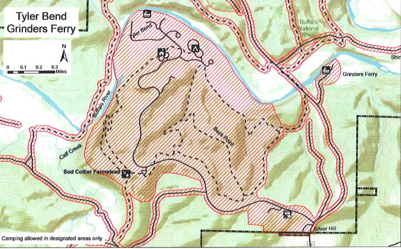 Buffalo River zigzags east-west through the center of the map, surrounded by hills. North is up. Areas mentioned in the caption are closed, as well as trails and roads that are north of a boundary line in the southeast corner of the map.