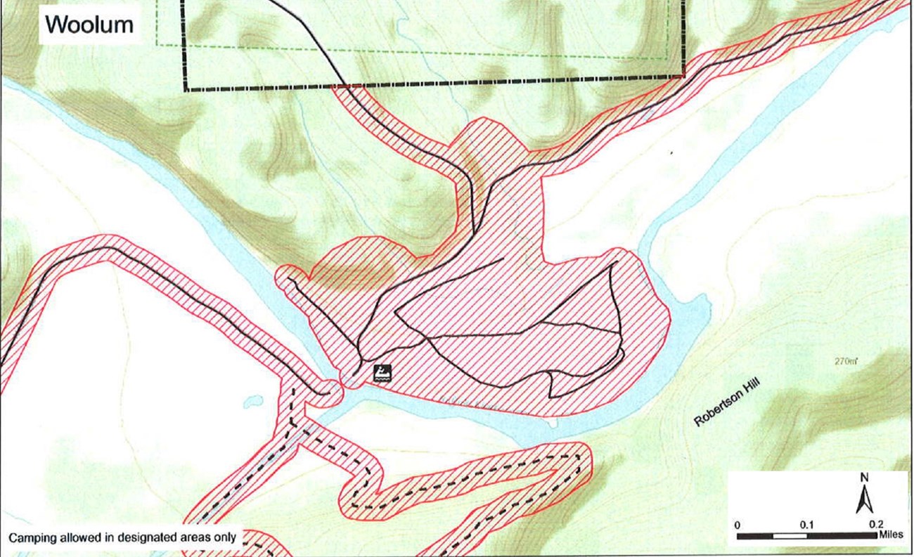 Buffalo River forms a wide "U" shape through the center of the map, surrounded by hills. North is up. Areas mentioned in the caption are closed, as well as trails and roads that are south of a boundary line in the north part of the map.