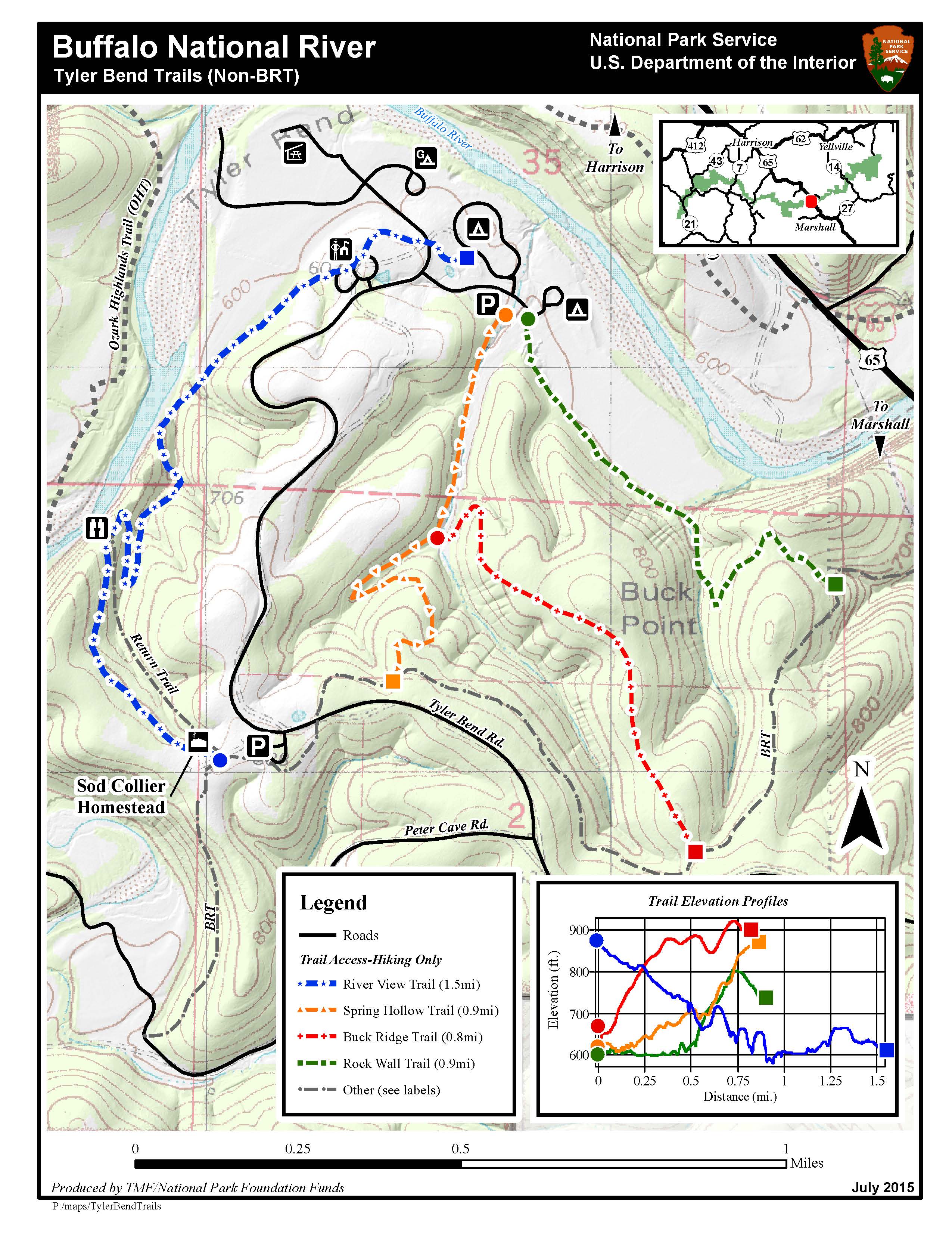 Topographic map of the Tyler Bend hiking trails.