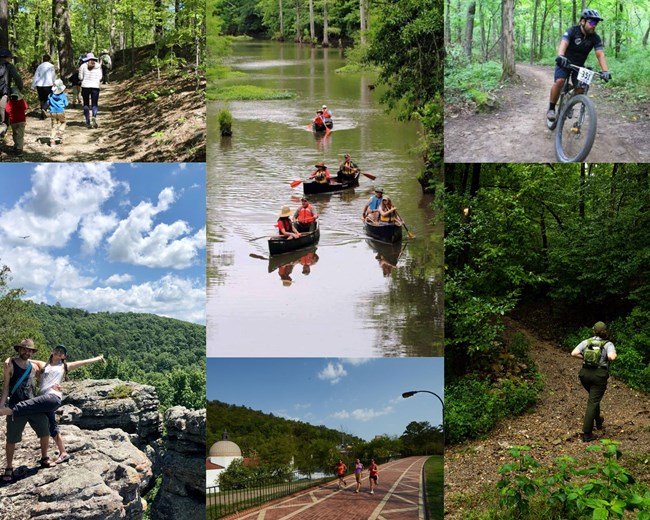 Six images of people outdoors on mountainsides, paddling on the river, hiking trails, running, and biking.
