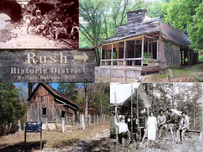 Collage of five photos, top left and bottom right are historic photos of miners and town residents, top right and bottom left are remnants of the town still standing, center left is the Rush Historic District sign