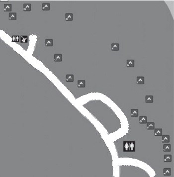 map of walk-in loop at Buffalo Point Campground, white lines are campground roads and walk-in parking lot, tent symbols are campsites, restroom symbols at bottom right and top left, shower symbol at top left
