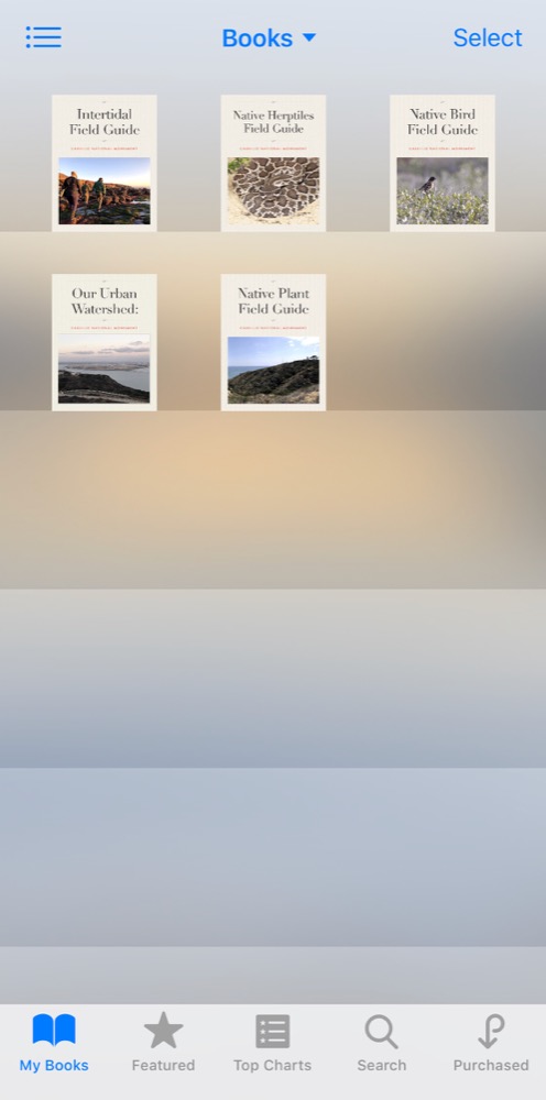 iBook application on iPhone with downloaded Cabrillo National Monument Field Guides ready for use iBook application on iPhone with downloaded Cabrillo National Monument Field Guides ready for use