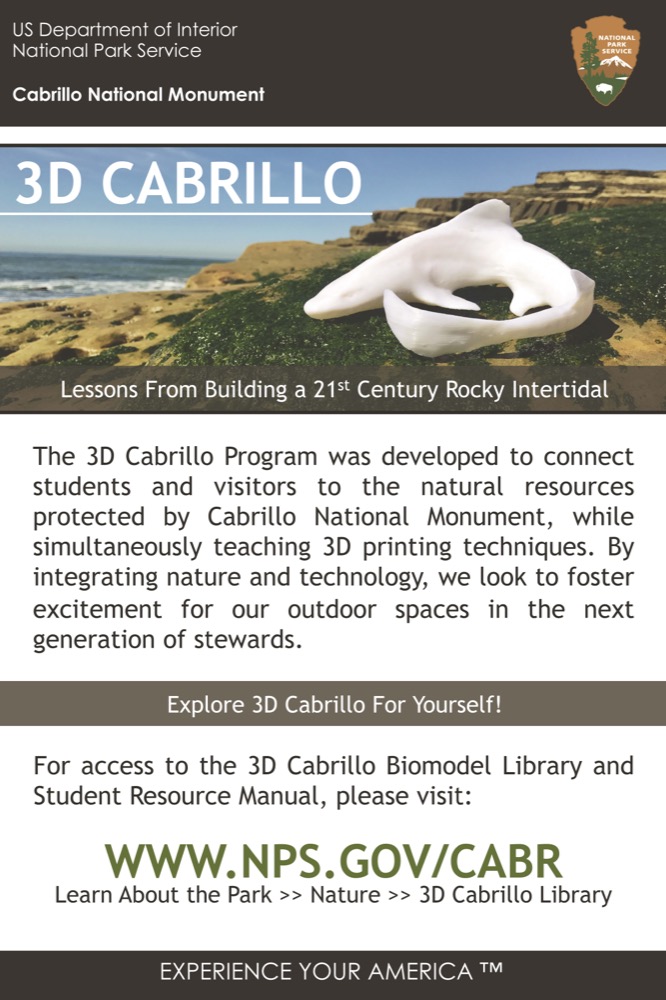 A flyer for “3D Cabrillo”, the database where the monument’s biomodel files are free for download.