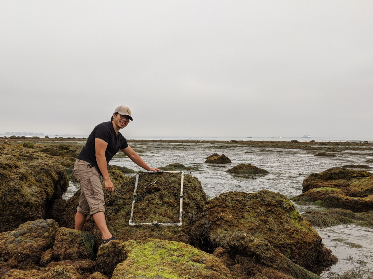 An Asian man with glasses wearing a ballcap and outdoor gear stands smiling in Cabrillo's tidepools at low tide. He is holding a square, white tool against one of the algae-covered rocks with an overcast sky in the background