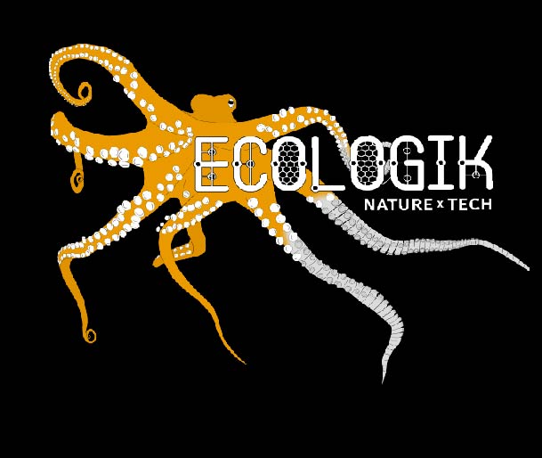 The logo for EcoLogik, an orange octopus against a black background that states “EcoLogik Nature times Tech”. 