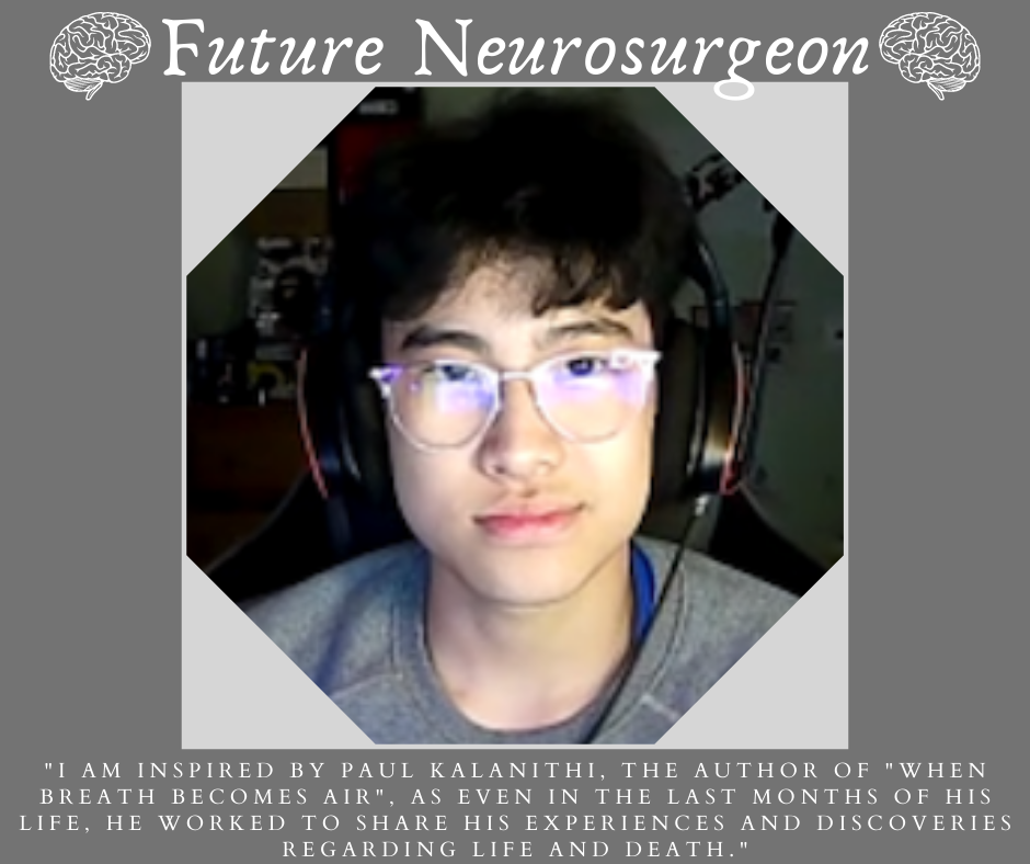 Future Neurosurgeon A graphic of a person wearing silver-rimmed glasses and black headphones with “Future Neurosurgeon”