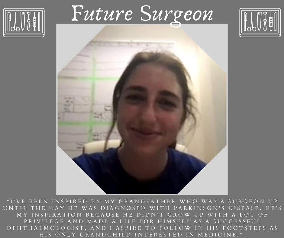 Image courtesy L. Griffin – Ellie speaking about where she wants to go with science and who inspires her. A graphic of a smiling person with brown hair with “Future Surgeon” and “I’ve been inspired by my grandfather who was a surgeon up until the day he was diagnosed with Parkinson’s Disease.