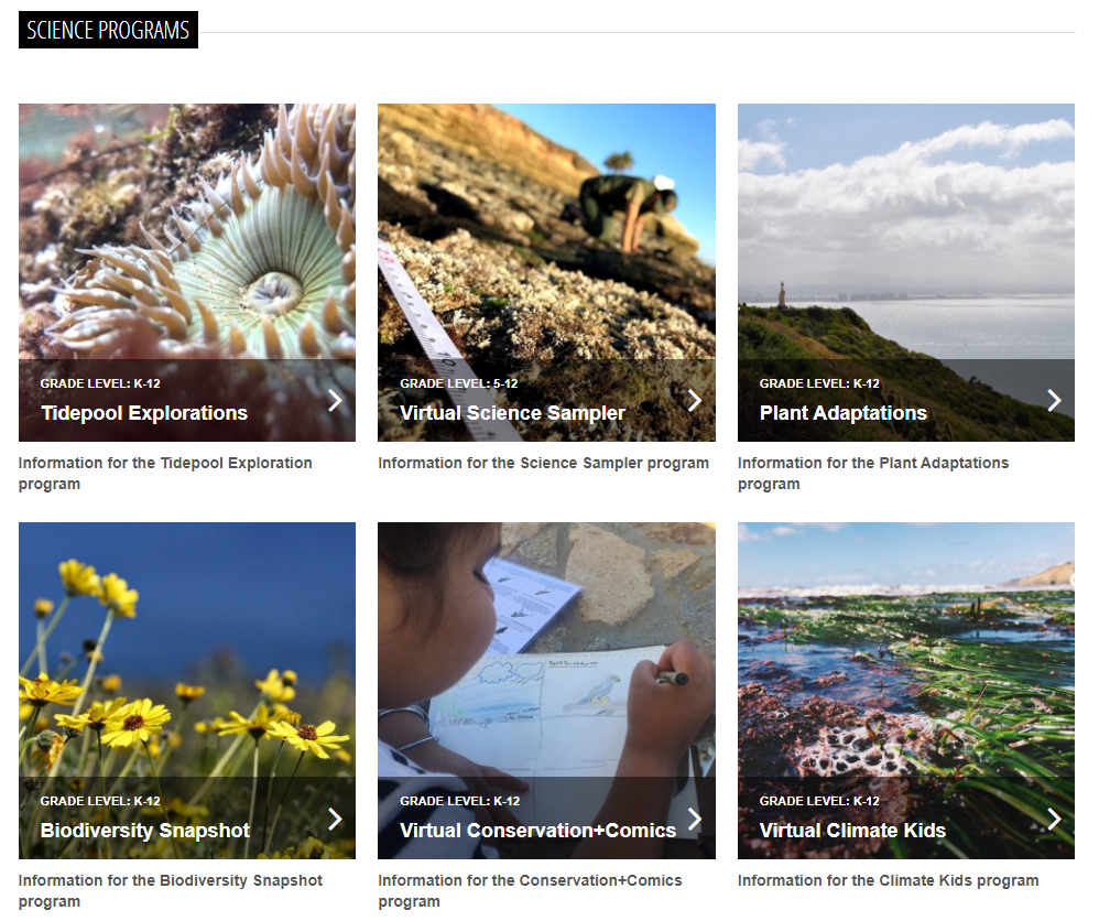 A screenshot of the science education page on Cabrillo National Monument’s website, which highlights which programs are offered virtually. Click on link in article to read accessible version.