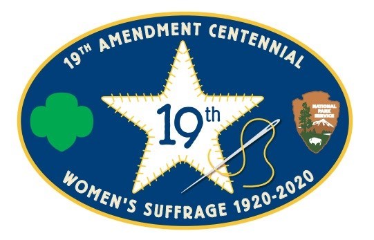 Navy patch with Girl Scout logo and National Park Service arrowhead on either side of a white star with "19th" written in the middle. Text "19th Amendment Centennial / Women's Suffrage 1920 - 2020" surrounds images on top and bottom of patch.