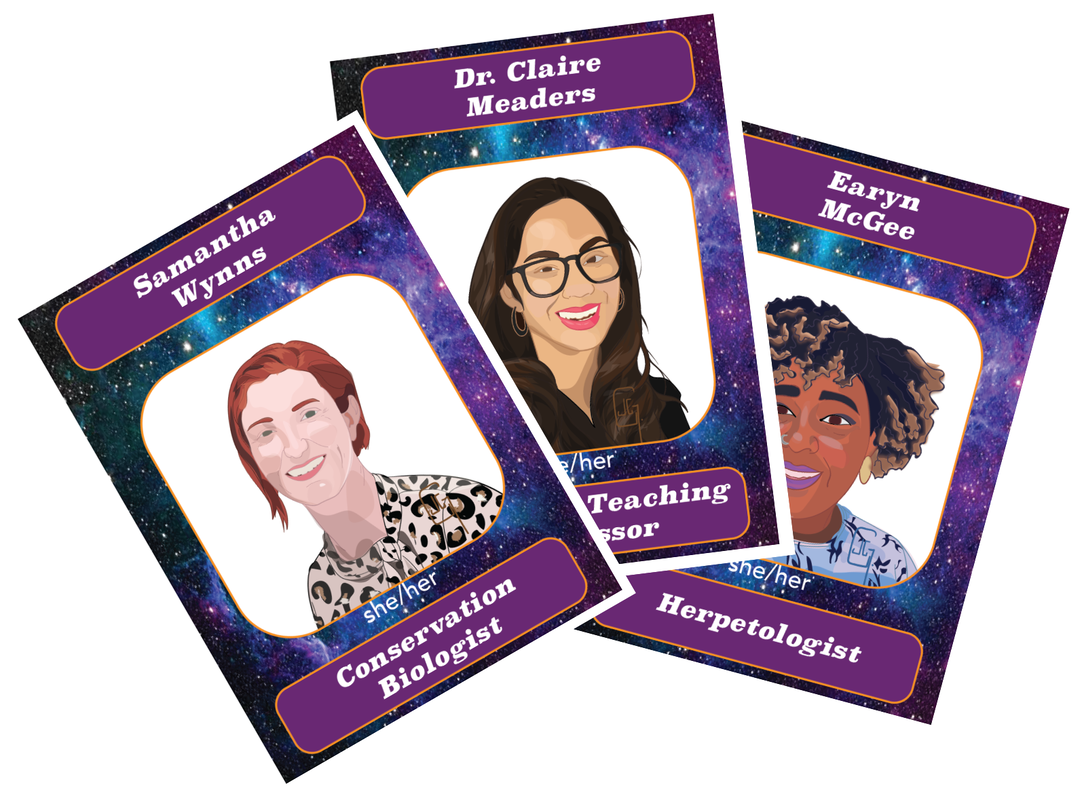 Trading cards of “Samantha Wynns”, “Dr. Claire Meaders”, and “Earyn McGee”.