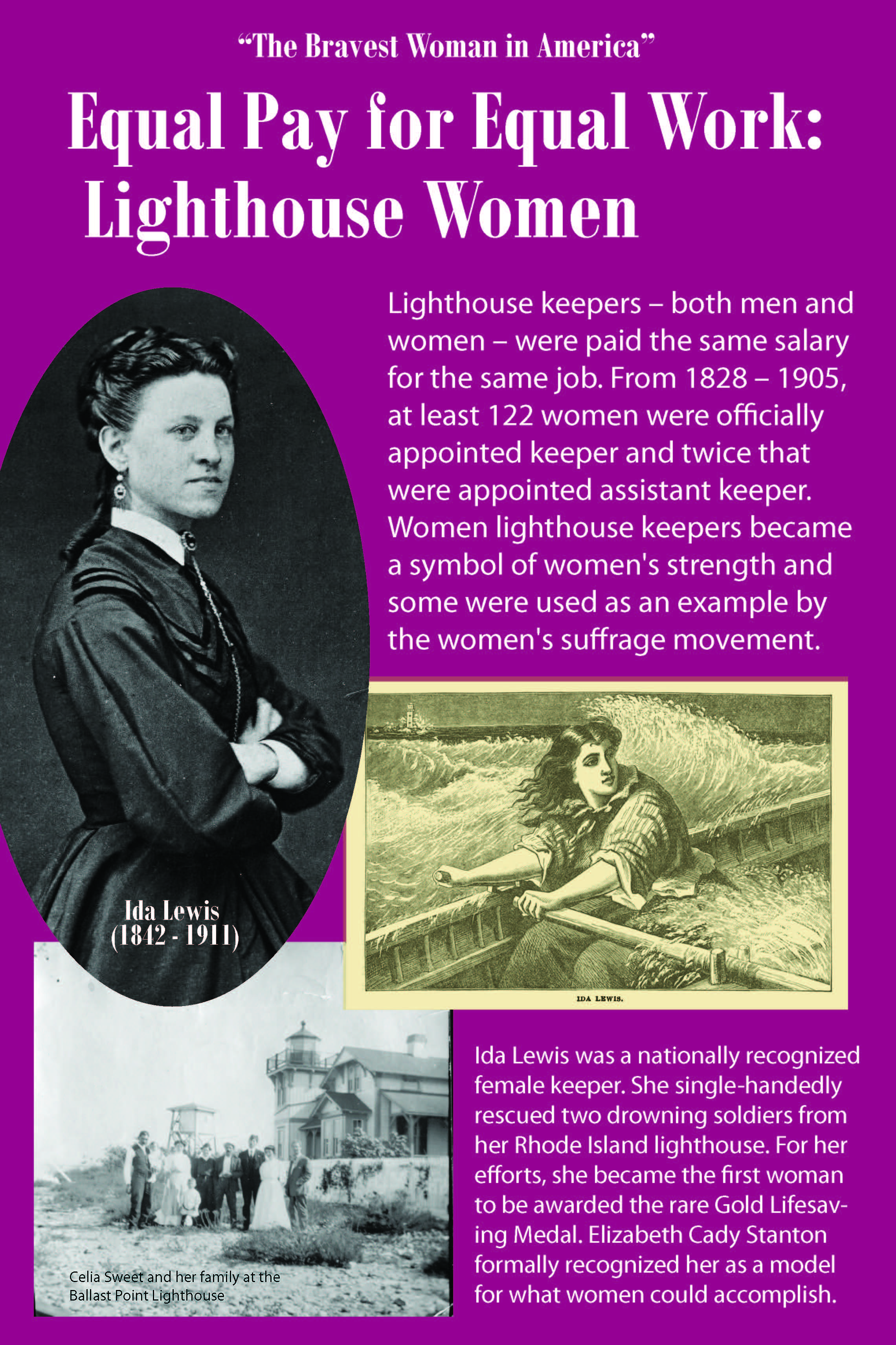 Exhibit panel titled "Lighthouse Women." Audio and text transcript below.