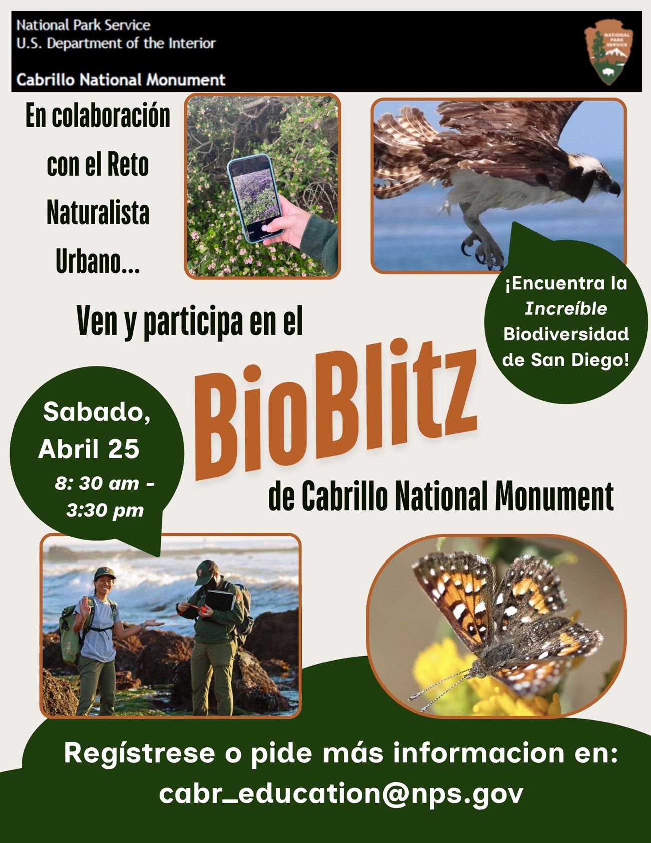 Folleto de Cabrillo National Monument con fotos de una águila pescadora, mariposa, y guardaparques con camaras. Lee "En colaboración con el Reto Naturalista Urbano...Ven y participa en el BioBlitz de Cabrillo National Monument. Sabado, Abril 25 8:30 am -