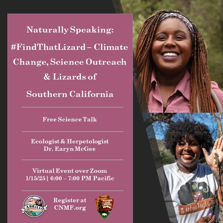 Photo collage of a woman smiling outdoors. In the upper image she sports long, dark braids and a mauve button-down shirt; in the lower image, she sports a black, short afro and wears a gray t-shirt that says "#FindThatLizard".