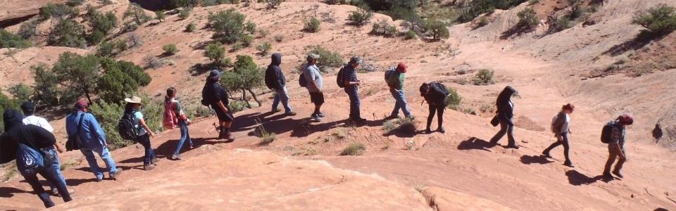 Group hiking in canyon