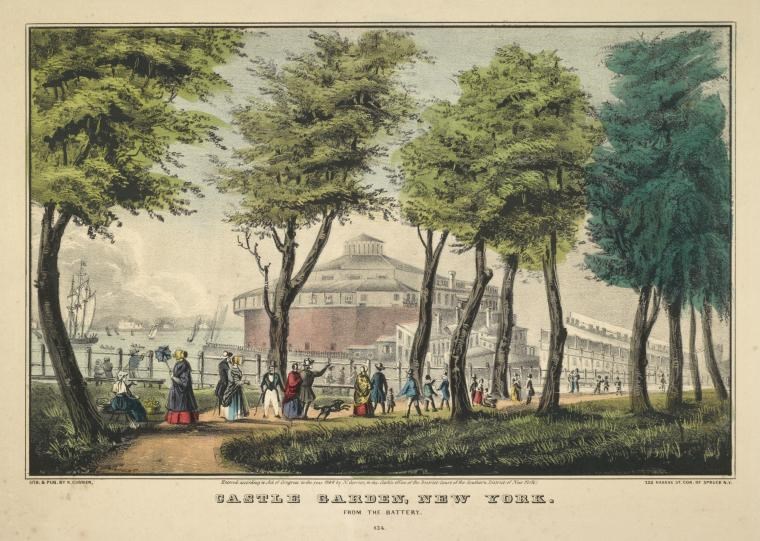 An etching and drawing from the 19th century of Castle Garden in Battery Park