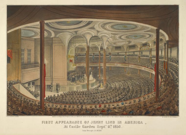 Etching of interior of Castle Garden with hundred seated to watch Jenny Lind on stage