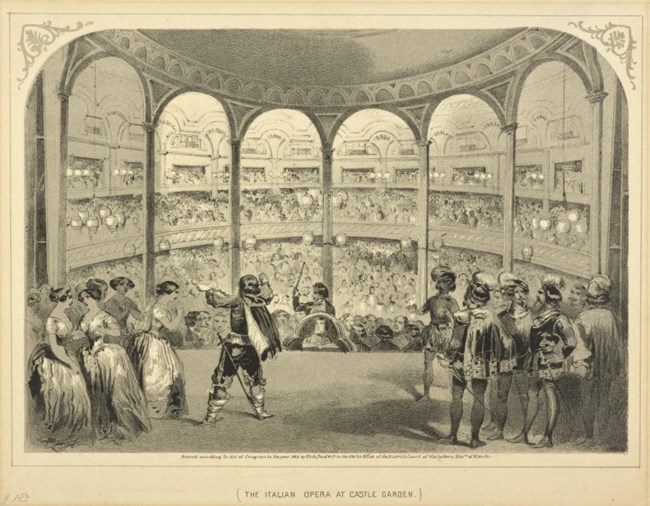 A hand drawn sketch of the Italian Opera at Castle Garden from the 19th century