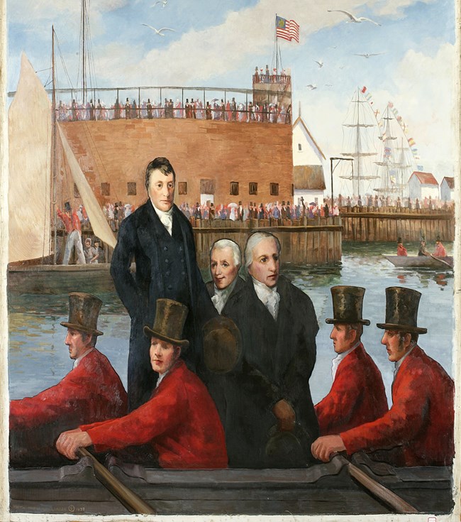 An oil painting of Lafayette landing at Castle Garden, New York City, 1824