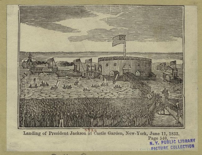 Sketch drawing of landing of President Jackson at Castle Garden, New York, June, 1833
