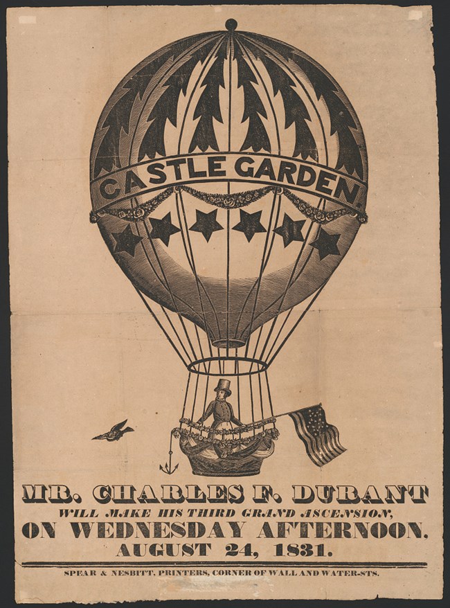 Poster advertising balloon ascension shows hot air balloon labeled "Castle Garden" flying with a man in the basket holding an American flag.