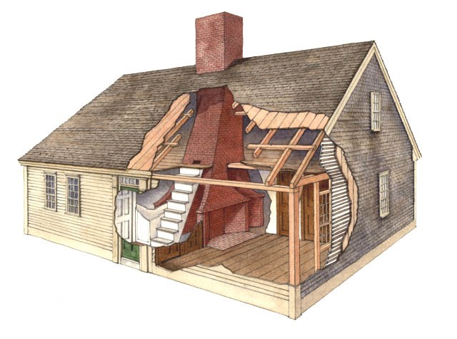 A partial cutaway of the Atwood-Higgins House shows the construction techniques typical of the Cape Cod-style of architecture.