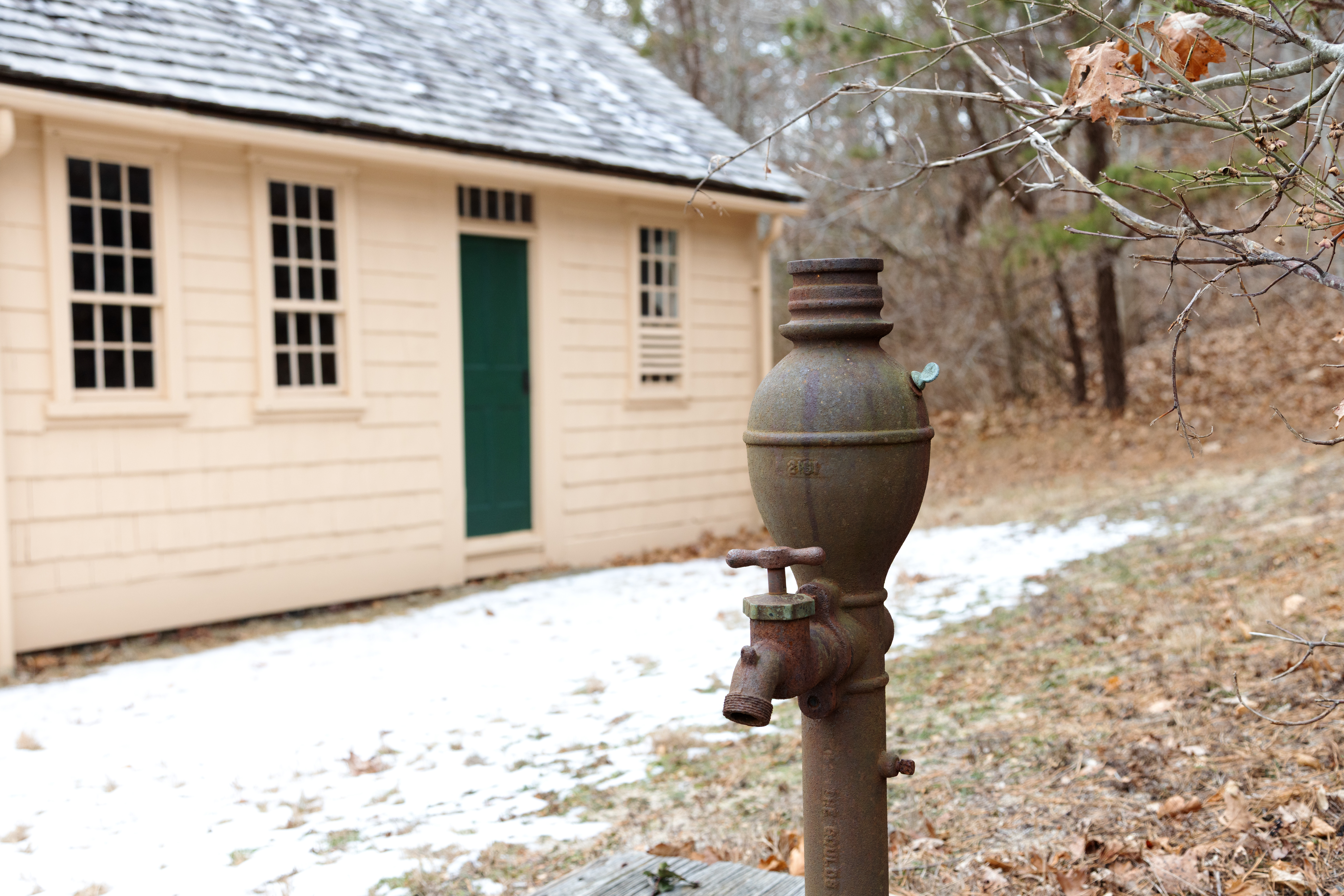 A photo of a water spicket with a small yellow house out of focus in the background.