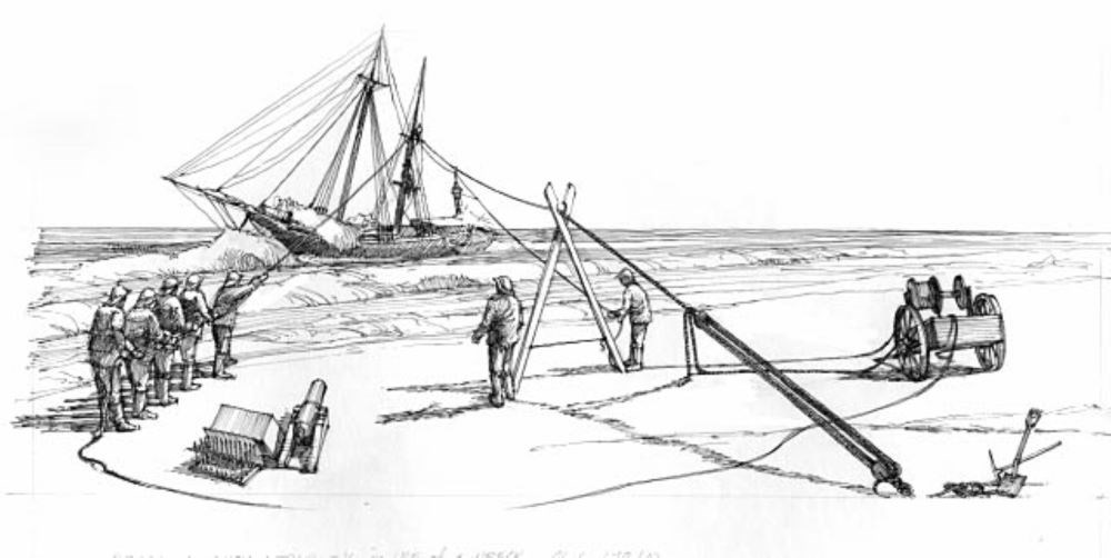 A line is sent from shore to a shipwreck, being pulled by men on shore.