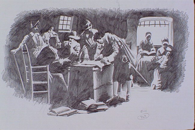 Drawing of pilgrims gathered around a table, signing a document.