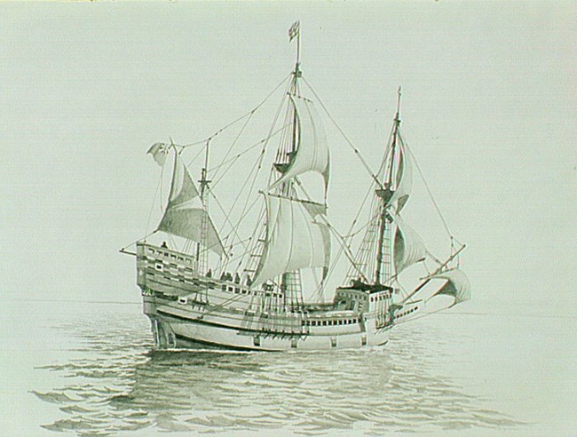 A drawing of a 15th century ship in water.
