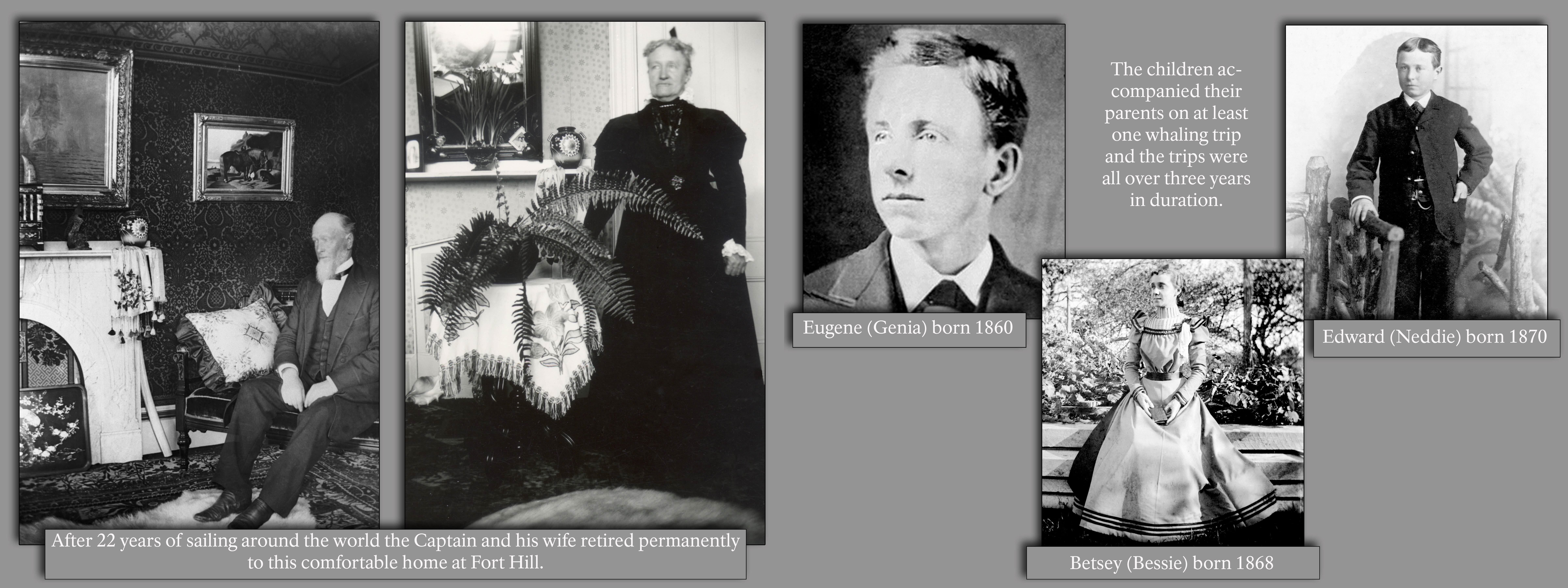 Photo Collage: Left to right - Man sitting in house, woman sitting in same house, portraits of a young boy, young girl, and another young boy.